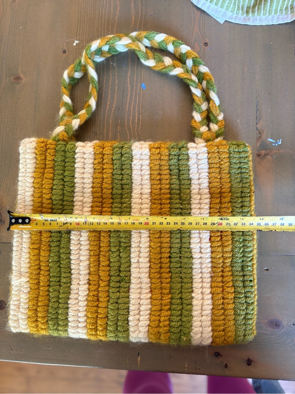 Vintage Thick Crochet Shoulder Bag in Green, Mustard & Cream Summer Beach - Picture 6 of 6